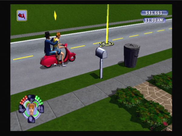 Two Sims ride a scooter through the neighbourhood.